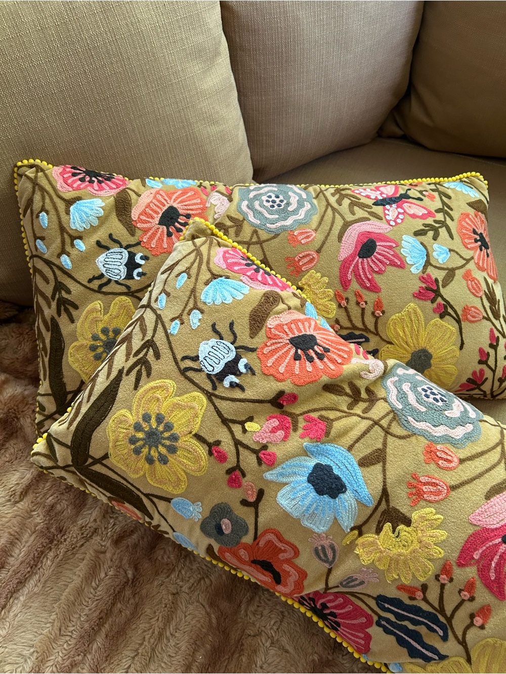 Karma Living  Floral Throw Pillows in Mustard with Multicolor Accents - Set of 2